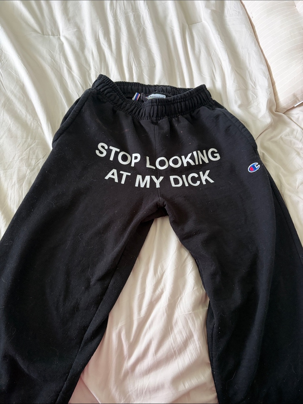Champion Black Sweatpants with White Bold Text Graphic